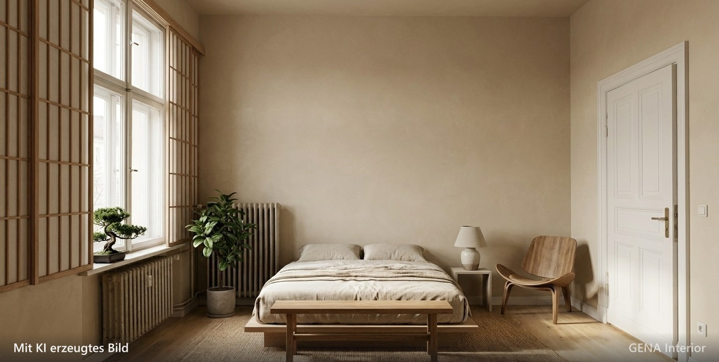 Period room furnished by GENA in Japandi style: low bed, wooden bench, shell chair and jute rug