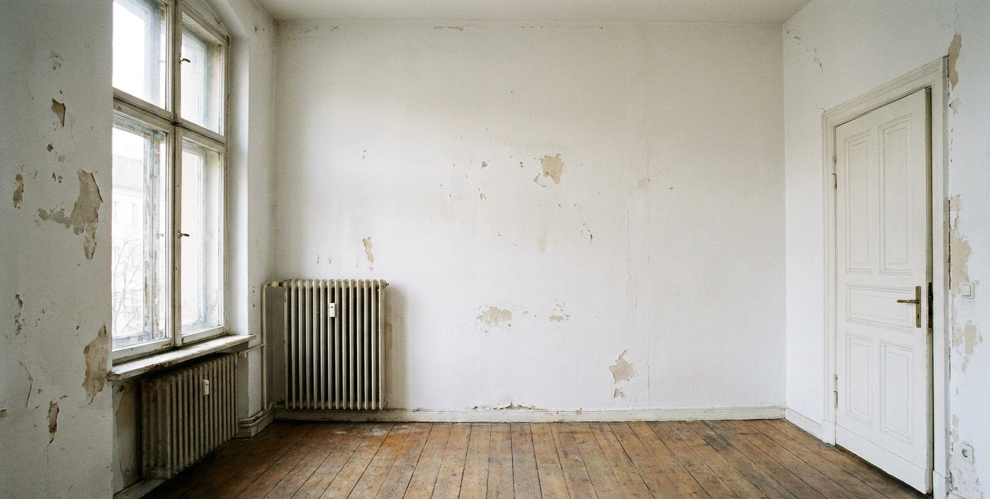 The same period room before: empty, with peeling paint, an old radiator and bare floorboards